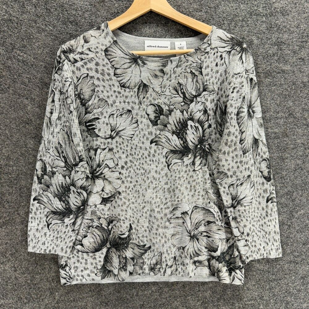 Alfred Dunner Sweater Pullover Women S Small Gray Floral Wool Knit Long Sleeve